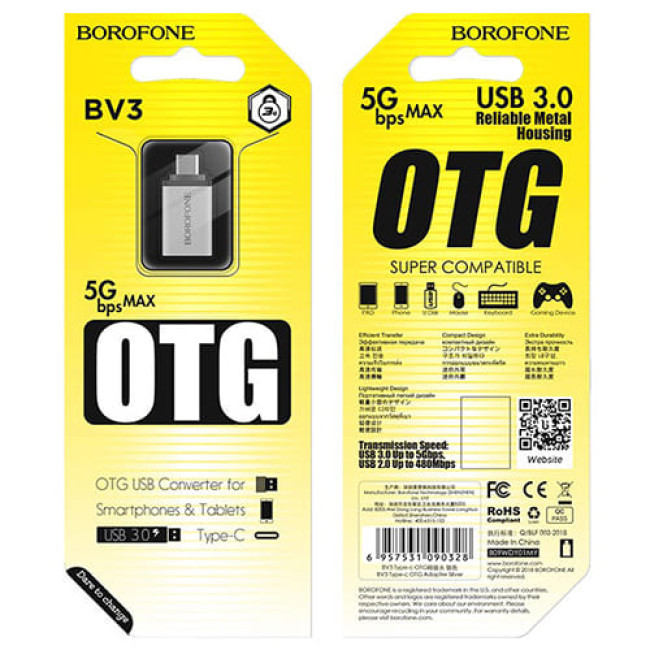 Адаптер OTG Type-C - USB Borofone BV3 (Серебристый)
