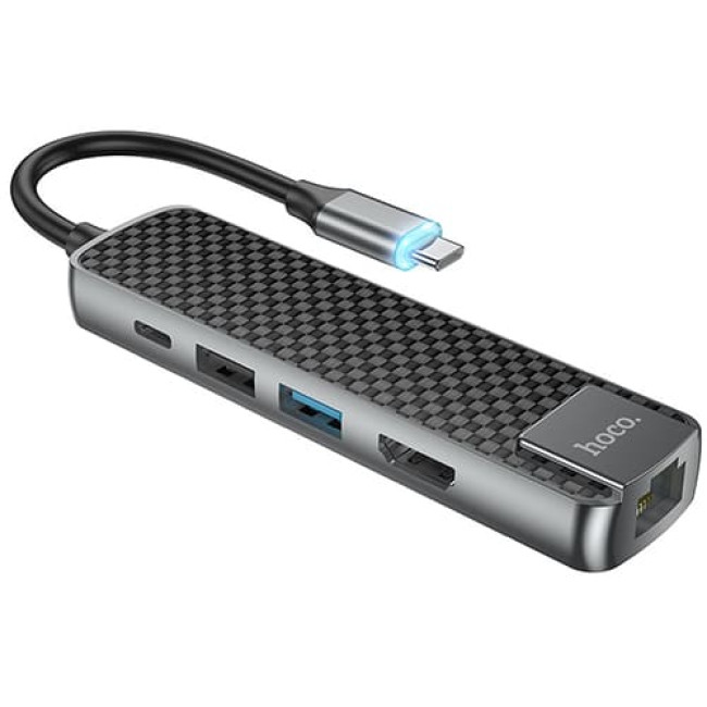 Type-C хаб Hoco  HB23 Easy view (HDMI + USB3.0 + USB2.0 + RJ45 + PD) Серый