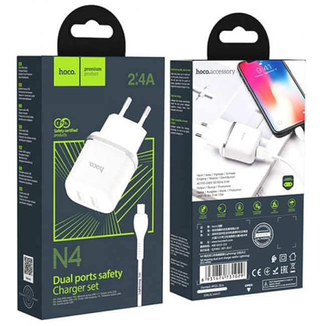 Зарядное устройство Hoco N4 Aspiring 2 USB 2.4A + Lightning кабель (Белый)