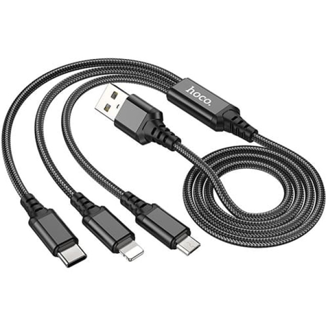 USB кабель Hoco X76 Super Lightning + MicroUSB + Type-C, длина 1 метр (Черный)