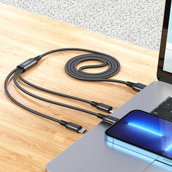 USB кабель Hoco X76 Super Lightning + MicroUSB + Type-C, длина 1 метр (Черный)