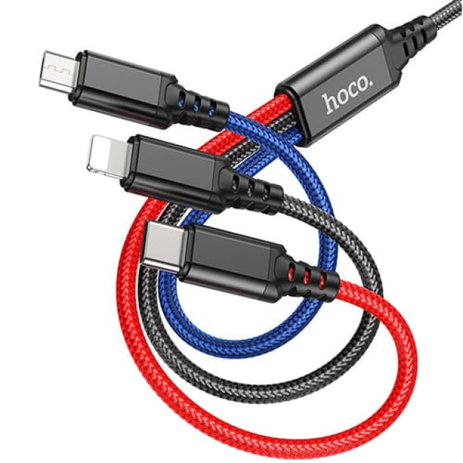 USB кабель Hoco X76 Super Lightning + MicroUSB + Type-C, длина 1 метр (Черный, красный, синий) - фото2