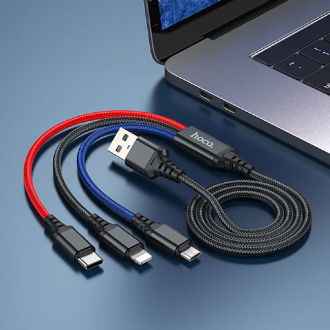 USB кабель Hoco X76 Super Lightning + MicroUSB + Type-C, длина 1 метр (Черный, красный, синий) - фото5