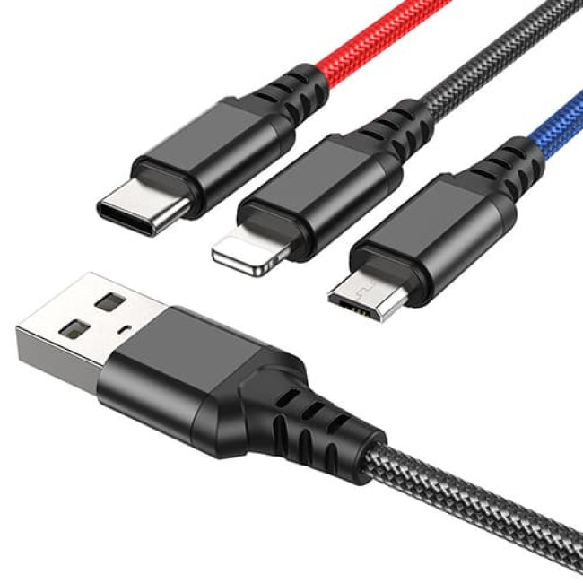 USB кабель Hoco X76 Super Lightning + MicroUSB + Type-C, длина 1 метр (Черный, красный, синий) - фото3
