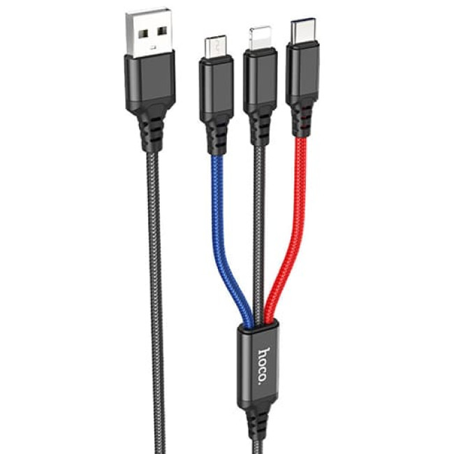 USB кабель Hoco X76 Super Lightning + MicroUSB + Type-C, длина 1 метр (Черный, красный, синий) - фото