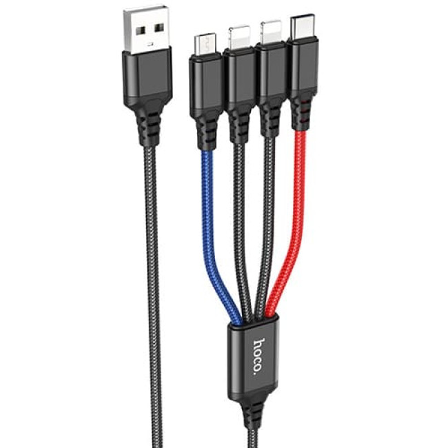 USB кабель Hoco X76 Super Lightning x 2+ MicroUSB + Type-C, длина 1 метр (Черный, красный, синий)