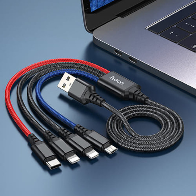 USB кабель Hoco X76 Super Lightning x 2+ MicroUSB + Type-C, длина 1 метр (Черный, красный, синий)