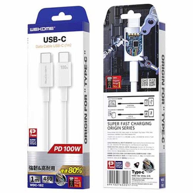 USB кабель Wekome WDC-182 Type-C 100W, длина 1 метр Белый