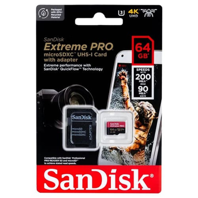 Карта памяти SanDisk Extreme PRO microSDXC SDSQXCU-064G-GN6MA 64GB (с адаптером)