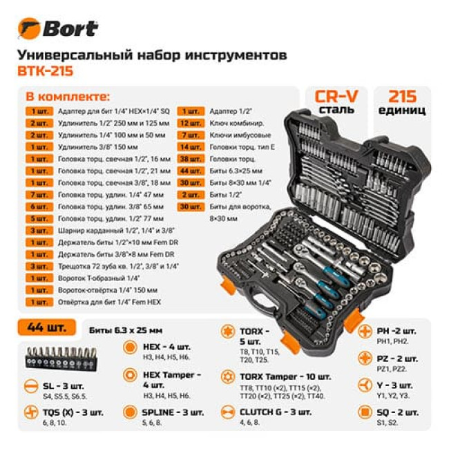 Универсальный набор инструментов Bort BTK-215 (215 предметов) Универсальный набор инструментов Bort BTK-215 (215 предметов)