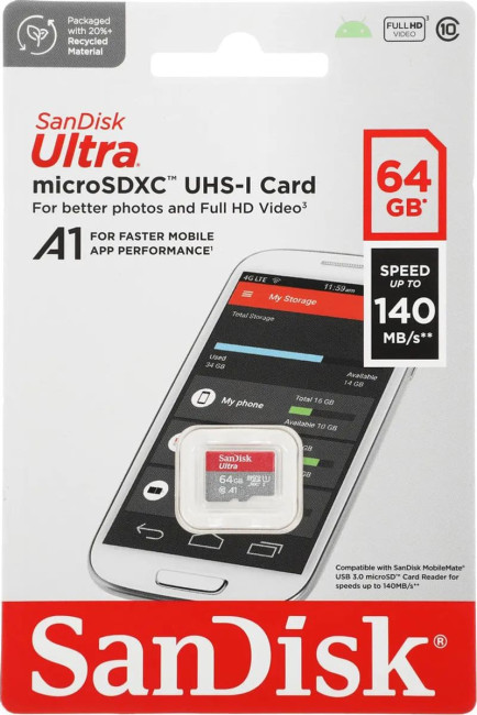 Карта памяти SanDisk Ultra microSDXC 64GB (SDSQUAB-064G-GN6MN)