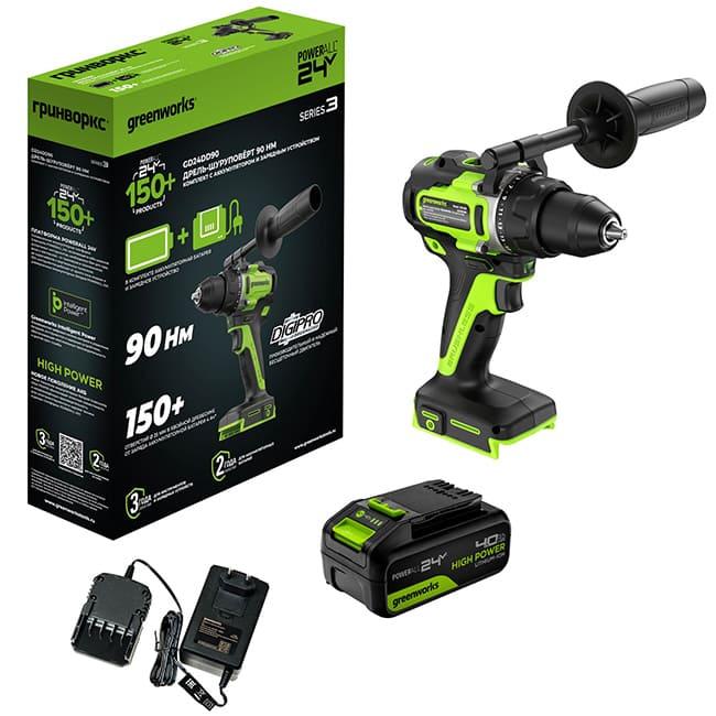 Дрель-шуруповерт Greenworks GD24DD90К4 24V (90Нм) аккумуляторная, с АКБ 4 А/ч и ЗУ 3707507CUВ