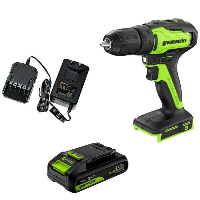 Дрель-шуруповерт Greenworks GD24DD35K2 24V (35Нм) аккумуляторная, с АКБ 2 А/ч и ЗУ 3704007UA (в кейсе)