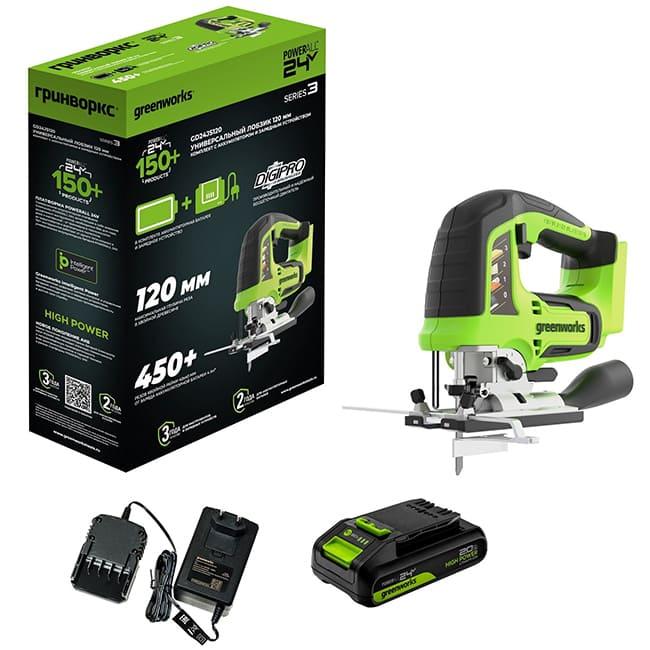 Лобзик Greenworks GD24JS120K2 24V (120 мм) аккумуляторный, с АКБ 2 А/ч и ЗУ 3601407CUA7