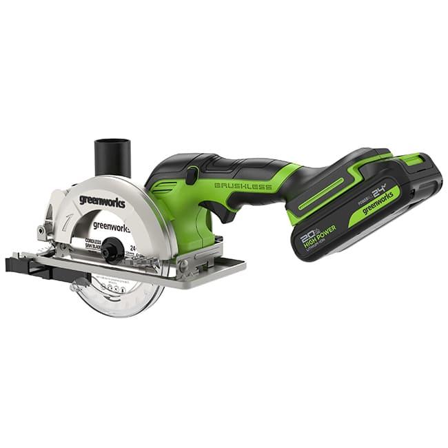 Циркулярная мини-пила Greenworks G24MCSK2 24V аккумуляторная, с АКБ 2 А/ч и ЗУ 1501207СUA