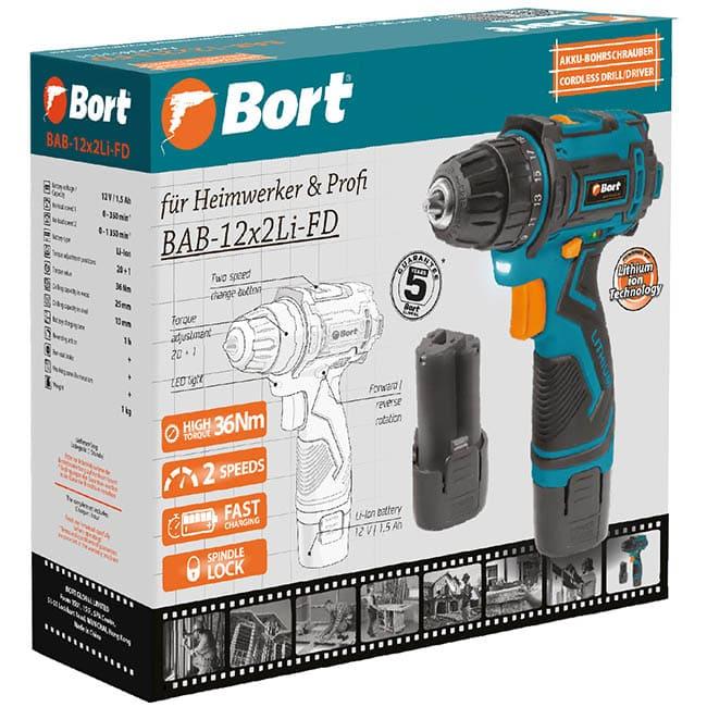 Аккумуляторная дрель-шуруповерт Bort BAB-12x2Li-FD 93413151 (с 2-мя АКБ 1,5 Ач и з/у)