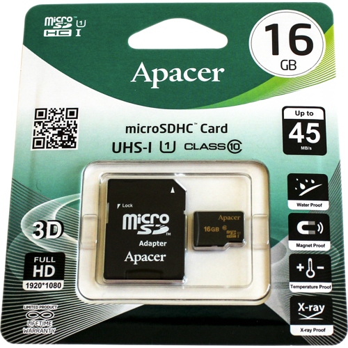 Карта памяти APACER SDHC-MICRO CARD 16GB CLASS 10 UHS-I  (AP16GMCSH10U1-R)+ SD адаптер 