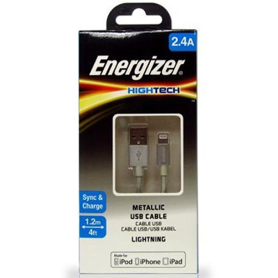 USB кабель Energizer HT Lightning для iPhone 5 и 6, iPad для зарядки и синхронизации 1,2 метра в оплетке серебристый