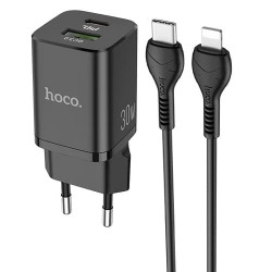 Зарядное устройство Hoco N13 Type-C PD30W QC3.0 + кабель Type-C - Lightning (Черный) - фото