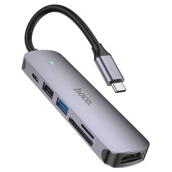 Type-C хаб Hoco  HB28 (HDTV + PD + USB3.0 + USB2.0 + SD + TF) Серый - фото
