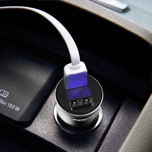 Автомобильное зарядное устройство Rock H2 Car Charger with Digital Display 2 USB 3.4A серебристое (SN-310)