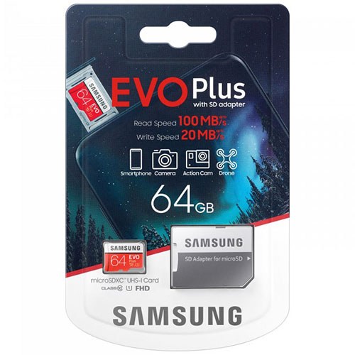 Карта памяти Samsung Evo Plus microSDXC 64Gb Class 10 UHS-I U1 + SD адаптер (MB-MC64HA) 