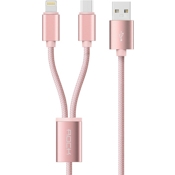 USB кабель Rock 2 в 1 Lightnihg + MicroUSB 1,2 метра (Розовый) - фото